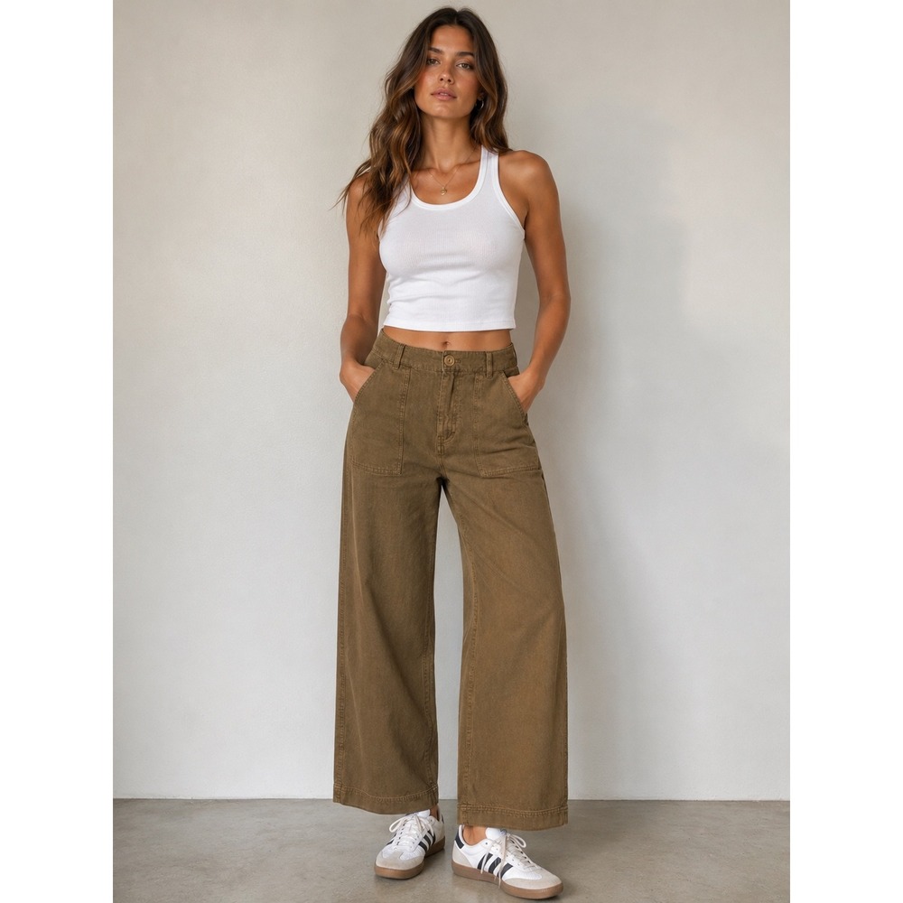 Free People Cinch Back Wide Leg Utility Pants Olive Green High Rise Cotton 26